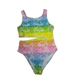 Girls Sz 14 One Piece Swimsuit Kids Rainbow Tie Dye NEW Cutout UPF 40+